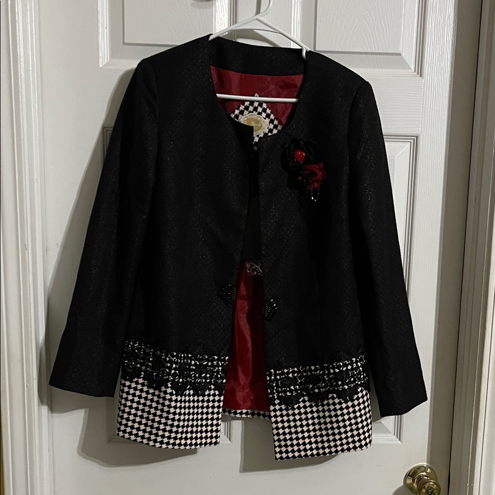 Le Mirage Black blazer with Houndstooth trim and a floral brooch size 44 NWT